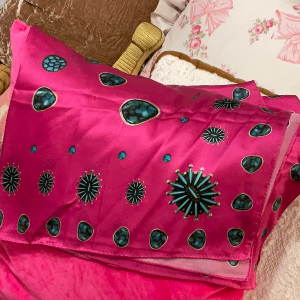 Fuchsia Pink Satin Scarf with Teal Sunburst Motifs